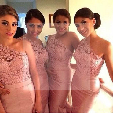 Charming One Shoulder Top Lace Mermaid Sexy Junior Pink On Sale Wedding Party Impressive Long Bridesmaid Dresses, WG93