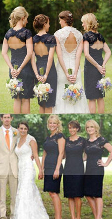 Charming Elegant Lace Navy Blue Open Back Knee-Length Short Mini Cap Sleeve Cheap Bridesmaid Dresses, WG095