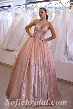 Sexy Shiny Pink Sequin Tulle Sweetheart V-Neck Sleeveless A-Line Long Prom Dresses,SFPD0548