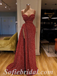 Sexy Rust Sequin Spaghetti Straps V-Neck Side Slit Mermaid Long Prom Dresses,SFPD0584