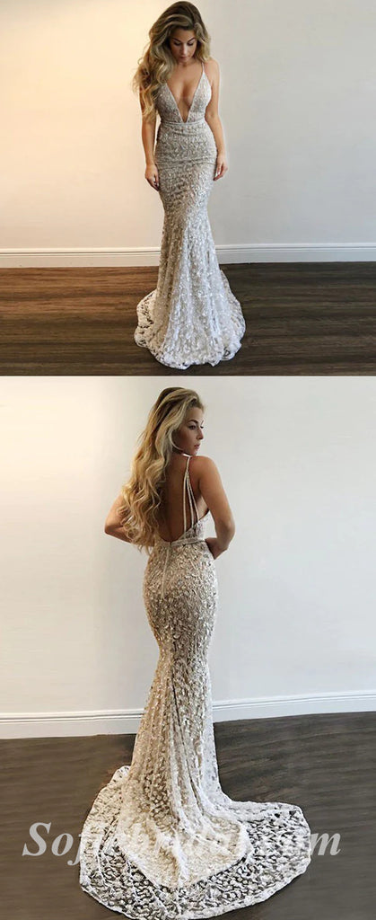 Sexy Lace And Tulle Spaghetti Straps Deep V-Neck Sleeveless Mermaid Long Prom Dresses,SFPD0504