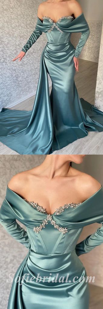 Sexy Satin Off Shoulder Long Sleeve V-Neck Sleeveless Mermaid Long Prom Dresses With Train,SFPD0403