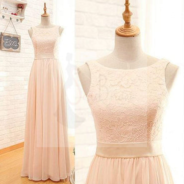 Modest Lace Top Bateau Off Shoulder Sleeveless Blush Pink Zipper Back Maxi Bridesmaid Dresses, WG15
