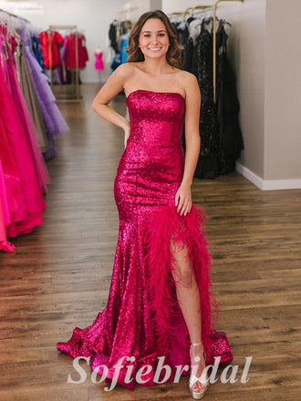 Sexy Sequin Sweetheart Sleeveless Side Slit Mermaid Long Prom Dresses With Feather,SFPD0688