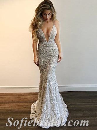 Sexy Lace And Tulle Spaghetti Straps Deep V-Neck Sleeveless Mermaid Long Prom Dresses,SFPD0504