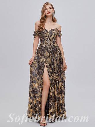 Elegant Special Fabric Off Shoulder V-neck Sheath Side Slit Long Prom Dresses,SFPD0350