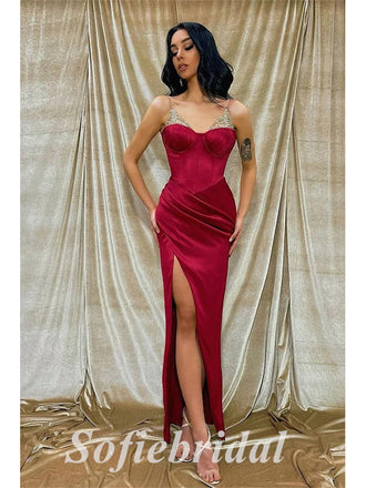 Sexy Satin Spaaghetti Straps V-Neck sleeveless Side Slit Mermaid Long Prom Dresses, PD0829