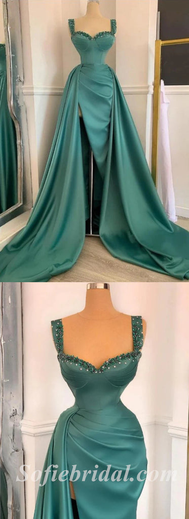 Sexy Satin Spaghetti Straps V-Neck Sleeveless Side Slit Mermaid Long Prom Dresses,SFPD0482