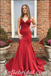 Sexy Rust Satin Spaghetti Straps V-Neck Mermaid Long Prom Dresses,SFPD0476