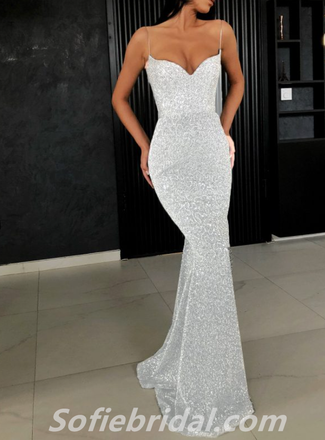 Sexy Charming Sequin Spaghetti Straps V-Neck Mermaid Long Prom Dresses,SFPD0264