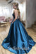 Sexy Soft Satin Spaghetti Straps V-Neck Sleeveless Lace Up A-Line Long Prom Dresses With Pocket,PD0770