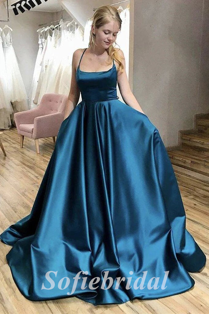 Sexy Soft Satin Spaghetti Straps V-Neck Sleeveless Lace Up A-Line Long Prom Dresses With Pocket,PD0770