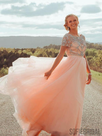A-line Floor-length Short Sleeves Beading Top Prom Dresses, PD0032