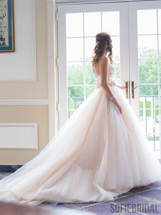 Sweetheart Blush Pink Long A-line Tulle Prom Dresses, WD0286