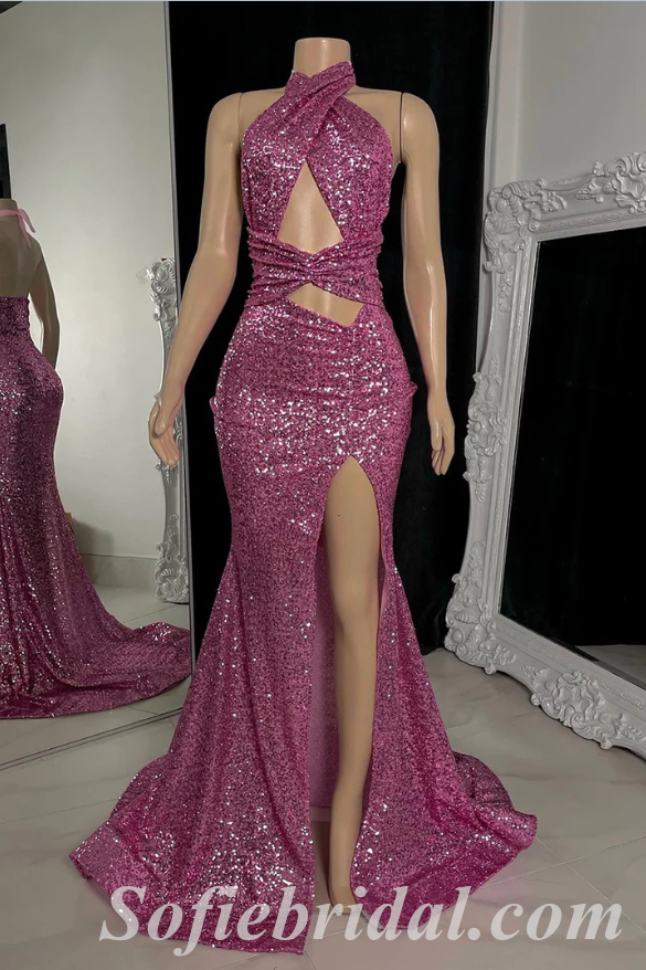 Sexy Sequin Halter Sleeveless OPen Back Side Slit Mermaid Long Prom Dresses,SFPD0416