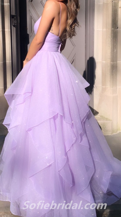 Elegant Purple Tulle Spaghetti Straps V-Neck A-Line Long Prom Dresses,SFPD0332