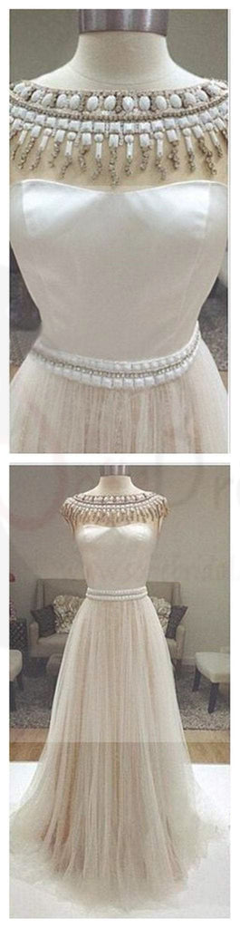 Long Ivory Prom Dresses, Charming Beaded Wedding Dresses, Tulle Prom Dresses, WD0126