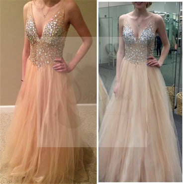 Sexy V-Neck Tulle Prom Dress, Sparkle Rhinestone Evening Dresses,Long Prom Dress