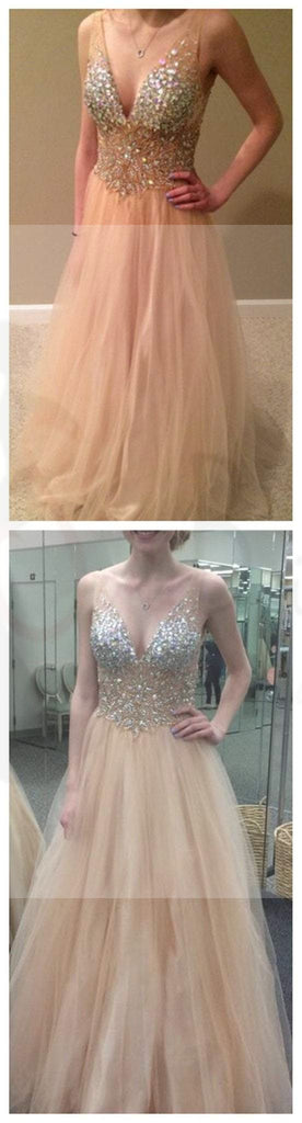 Sexy V-Neck Tulle Prom Dress, Sparkle Rhinestone Evening Dresses,Long Prom Dress