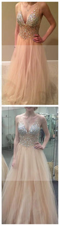 Sexy V-Neck Tulle Prom Dress, Sparkle Rhinestone Evening Dresses,Long Prom Dress