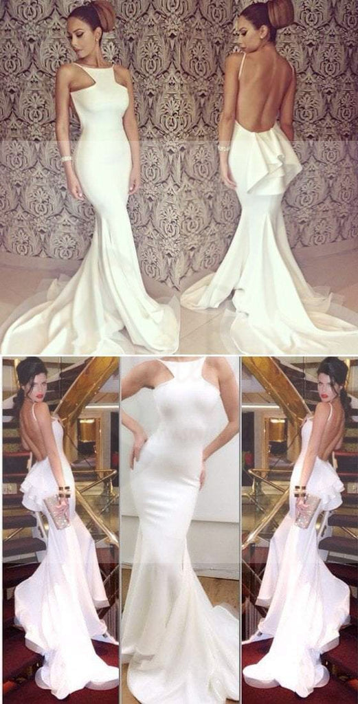 White Jersey Sexy Backless Mermaid Prom Dress Formal Evening Prom Dresses PD0124