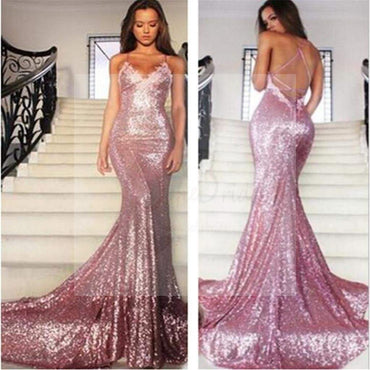 Sexy Pink Sequin Mermaid Prom Dresses, Spaghetti Backless Prom Dresses