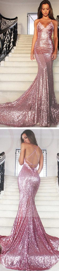 Sexy Pink Sequin Mermaid Prom Dresses, Spaghetti Backless Prom Dresses