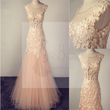 Pale Pink Scoop Tulle Prom Dress With Lace Appliques,Charming Bridesmaid Dresses