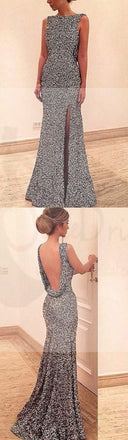 Scoop Neckline Sexy Backless Side Slit Sequin Prom Dresses, PD0142