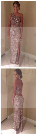 Sexy One Shoulder Side Slit Sparkle Sequin Party Prom Dresses,Evening Dresses