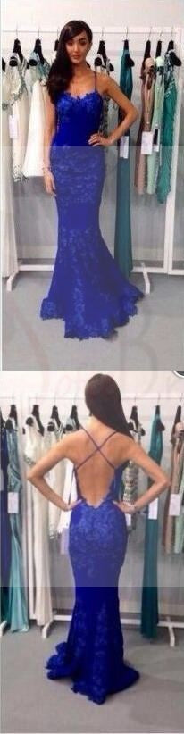 Royal Blue Lace Mermaid Prom Dresses, Sexy Backless Spaghetti Prom Dresses