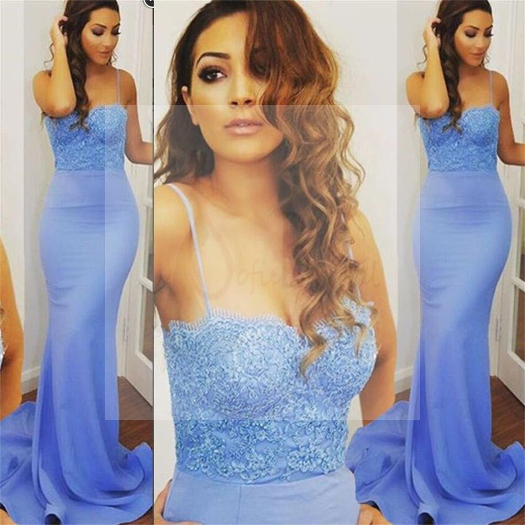 Spaghetti Straps Mermaid Prom Dresses, Sexy Blue Lace Prom Dresses