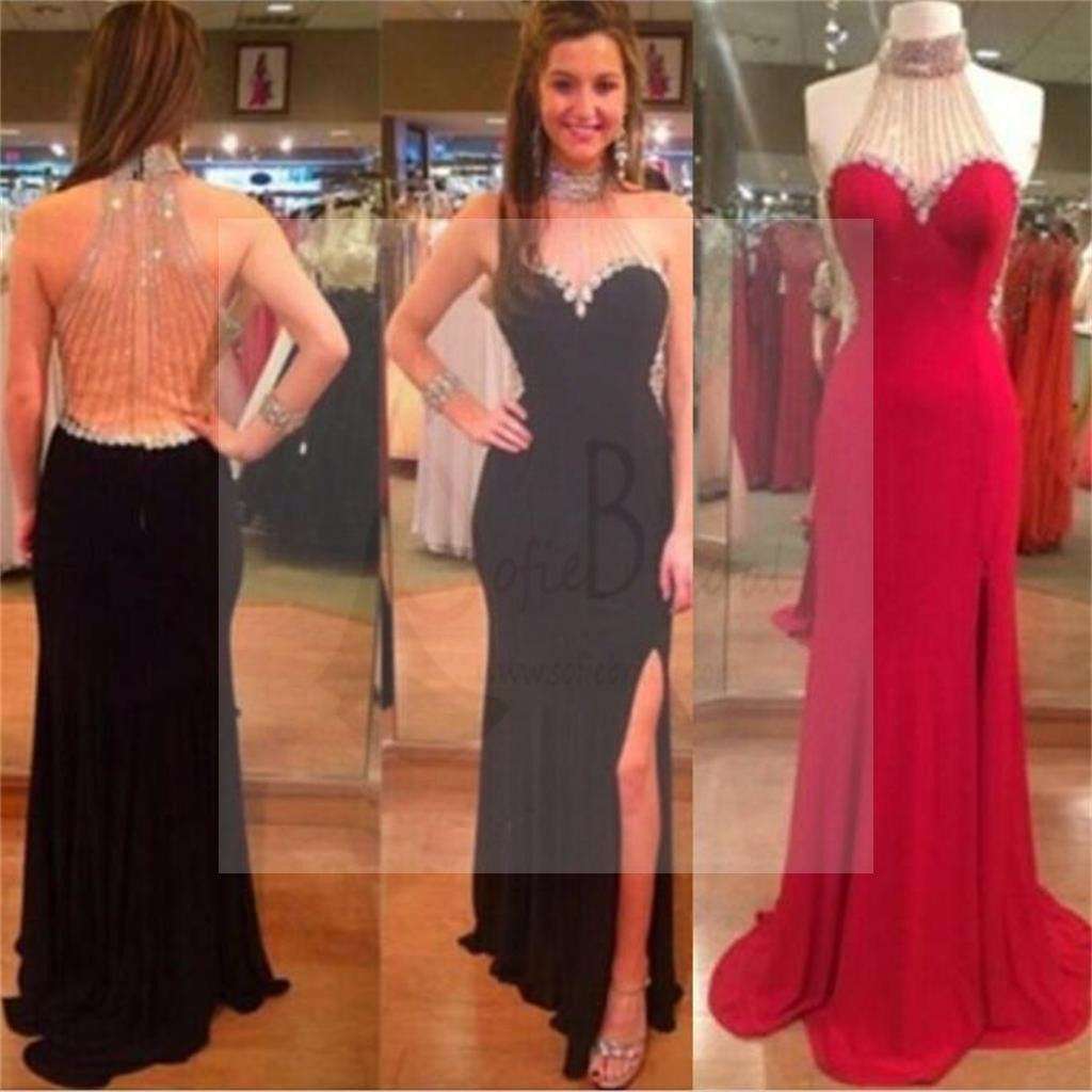 Unique Side Slit Formal Prom Dresses, Custom Sexy Jersey Beaded Prom Dresses