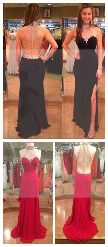 Unique Side Slit Formal Prom Dresses, Custom Sexy Jersey Beaded Prom Dresses