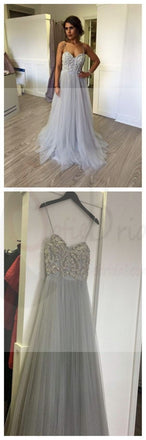 Charming Spaghetti Lace Tulle Long A-line Prom Dresses, PD0166