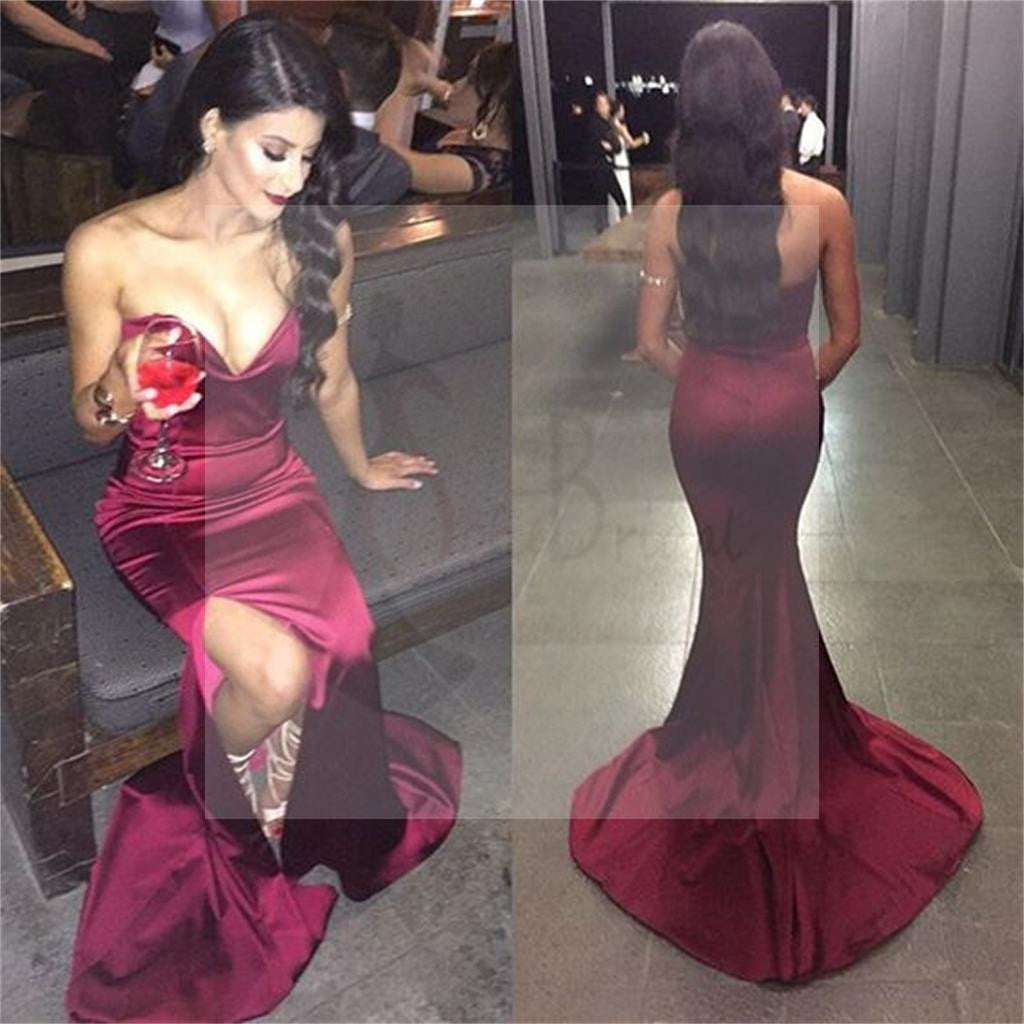 Sexy Burgundy Sweetheart Mermaid Side Slit Prom Dresses, Cheap Popular Satin Prom Dress