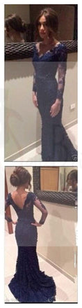 Navy Prom Dresses, Long Prom Dresses, Lace Prom Dresses, V-neck Prom Dresses, Dresses for Prom, Long Sleeves Prom Dresses, Evening Dresses, PD0017
