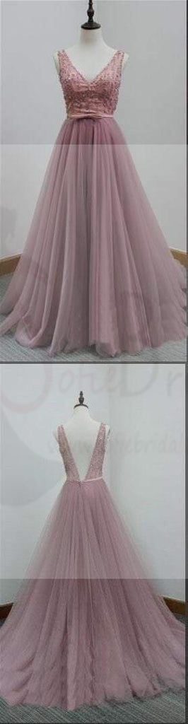 V-Back Tulle Prom Dresses,A-line Party Dresses, Evening Dresses,Long Prom Dress