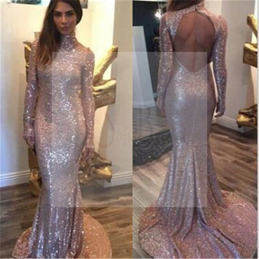 Long Sleeves Sequined High Neck Open Back Party Evening Long Prom Dresses,PD0174