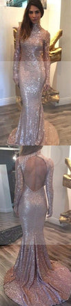 Long Sleeves Sequined High Neck Open Back Party Evening Long Prom Dresses,PD0174