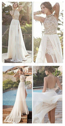 Sexy High Neck Lace Backless Side Slit Prom Dress, Wedding Party Dresses