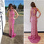 Two Pieces Hot Pink Sequin Prom Dresses, Sexy Side Slit Open Back Prom Dresses