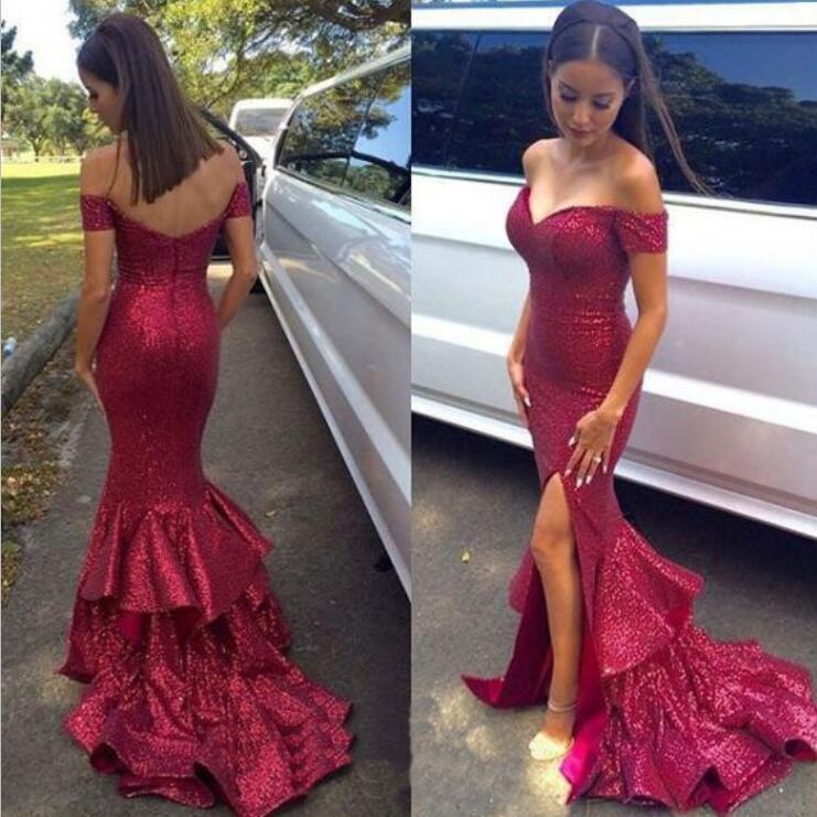 Sexy Red Sequin Mermaid Side Slit Prom Dresses, New Arrival Cheap Prom Dress