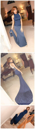 High Neck Prom Dresses, Blue Prom Dresses, Sexy Mermaid Prom Dresses, Party Dresses, Long Prom Dress