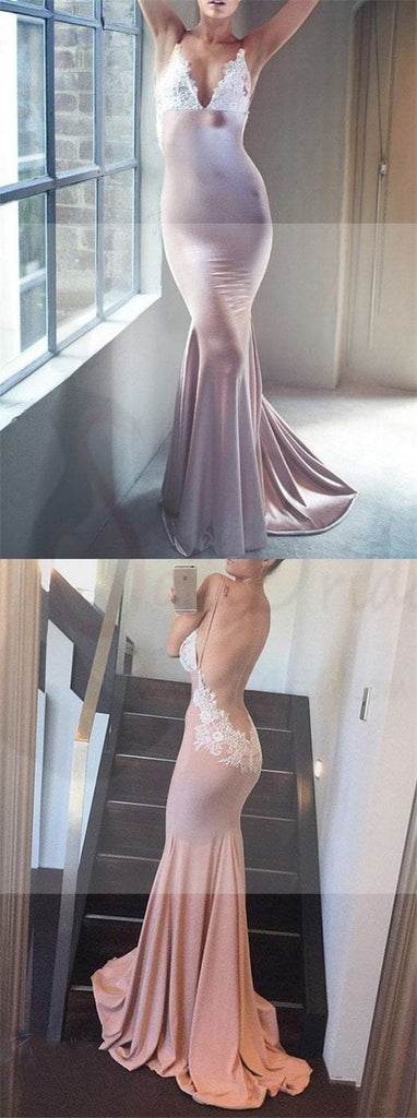 Sexy V-Neck Backless Mermaid Prom Dresses, Spaghetti Lace Prom Dresses