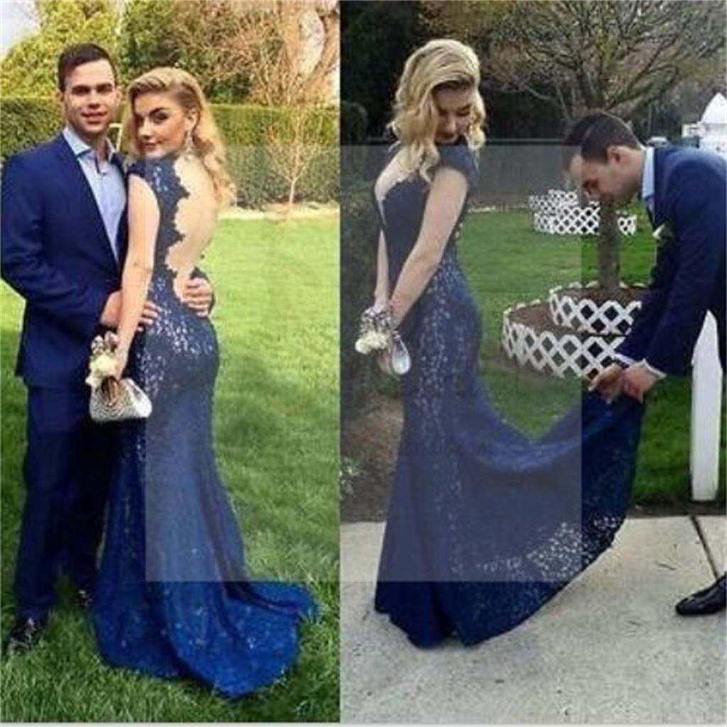 Sexy Backless Mermaid Royal Blue Lace Formal Prom Dresses, Popular Formal Prom Dress