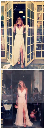 V-Neck White Lace Prom Dresses, Sexy Side Slit Simple Wedding Dresses