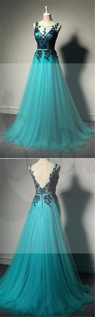 Long A-line Tulle Lace Prom Dresses, Unique Formal Evening Dresses, Cheap Prom Dress