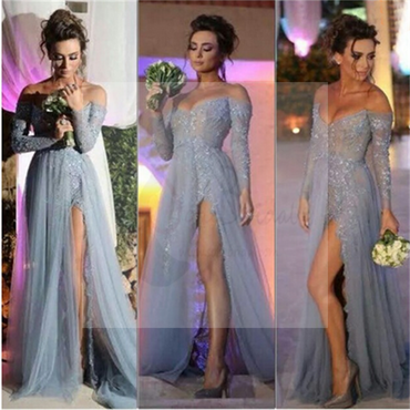 Long Prom Dresses, Gray Prom Dresses, Lace Prom Dresses, Off Shoulder V-neck Prom Dresses, Side Slit Sexy Prom Dresses, Evening Dresses, PD0021