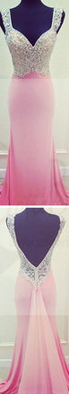 Pink Mermaid Open Back Prom Dresses,Evening Prom Dresses,Custom Prom Dresses